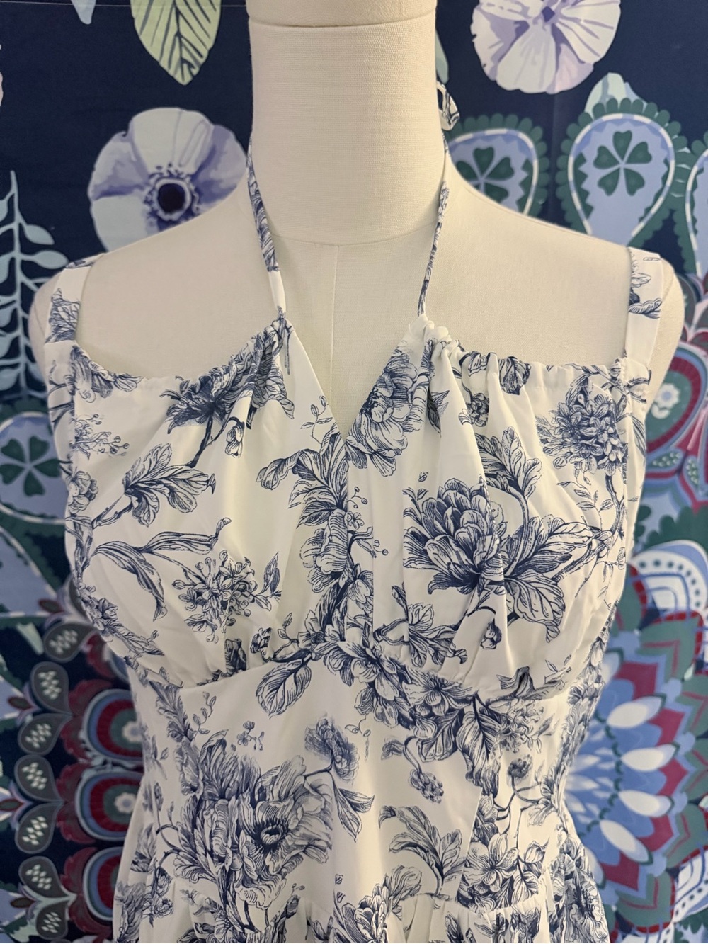 Scarlet Darkness Blue White Floral Toile Halter Midi Dress Size L NWT - Picture 7 of 10
